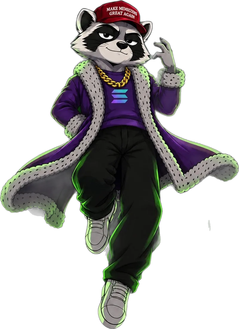 Ricop the raccoon floating in a purple fur coat