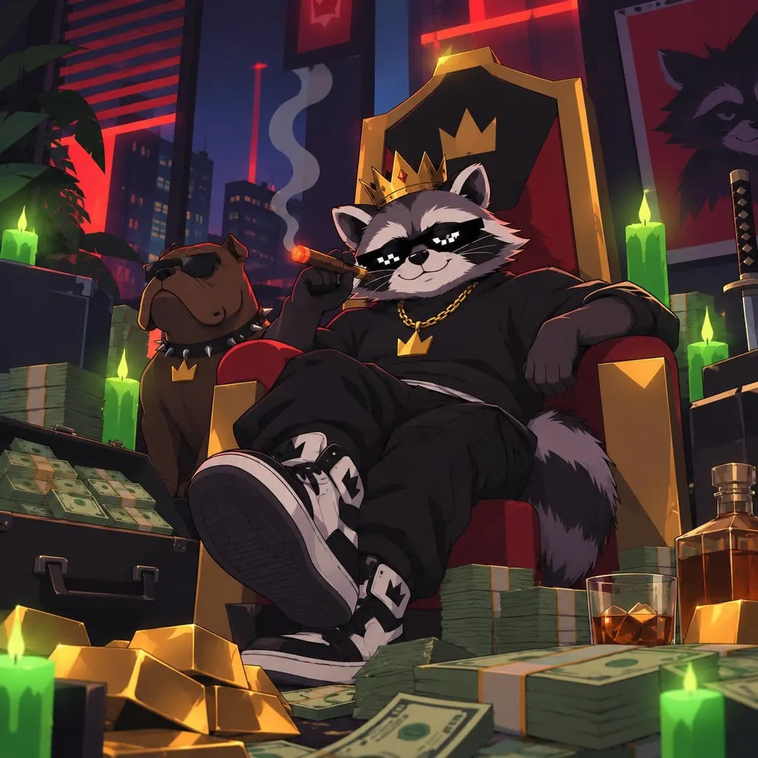 Ricop on a throne with his bulldog